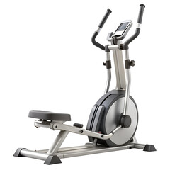 A silver elliptical cross trainer with a digital display and handlebars, isolated on a transparent background, for a fullbody workout