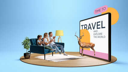Family applauding travel experience on giant screen with antelope safari design. Concept of adventure, tourism, family lifestyle, exotic vacations and online travel inspiration. 3D island composition