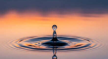 Captivating water drop creating ripples on a serene lake at sunset, perfect for nature-inspired brands or promoting calmness and tranquility, stunning visual impact