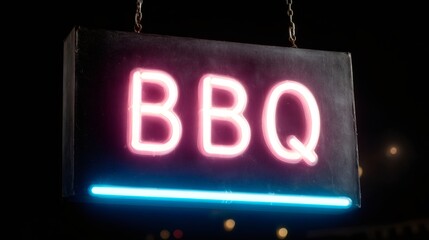 Neon BBQ sign with pink letters and blue underline glowing in darkness. Illuminated signage for barbecue restaurant or food establishment. Nighttime outdoor advertising.