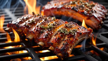 Juicy grilled steak seasoned with herbs and spices sizzling over open flames on a barbecue grill outdoors