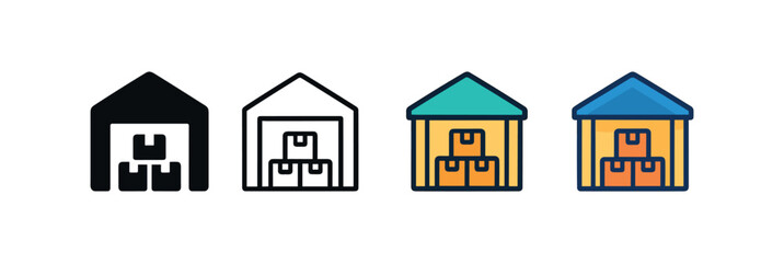 Fototapeta premium Vector icon warehouse logistics same pose same proportions four styles black solid glyph outline minimal flat multicolor filled cartoon flat shaded.