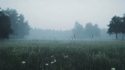 Misty meadow and ethereal trees create a tranquil and serene atmosphere in nature
