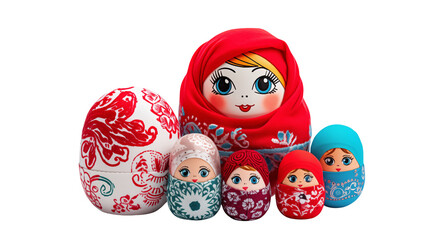 A collection of colorful matryoshka dolls with various patterns against a black background in a studio shot
