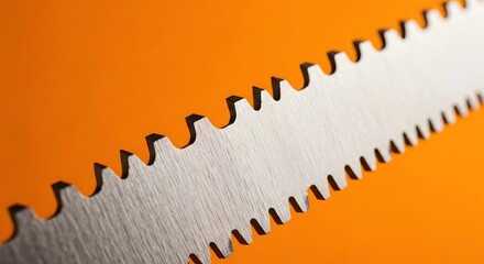 Macro detail of a sharp serrated metal saw blade with jagged teeth on a vibrant orange background, representing industry and precision