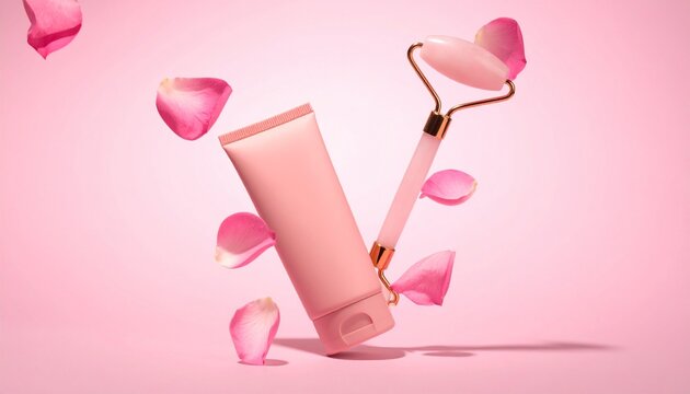 Delicate beauty set featuring a soothing facial massager and a sleek skincare product tube, artfully presented with blush rose petals for a serene and pampering self-care moment