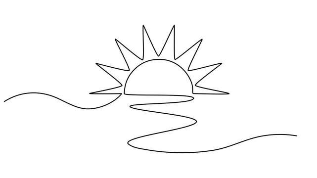 sunrise continuous one line drawing, Sun continuous one line art drawing. Summer sun contour line sign. Video animation, Drawing line animation of sun light in white background, Sun weather minimalist