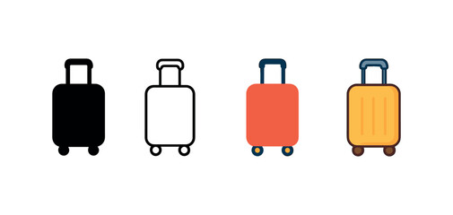 Vector icon suitcase wheels same pose same proportions four styles black solid glyph outline minimal flat multicolor filled cartoon flat shaded.
