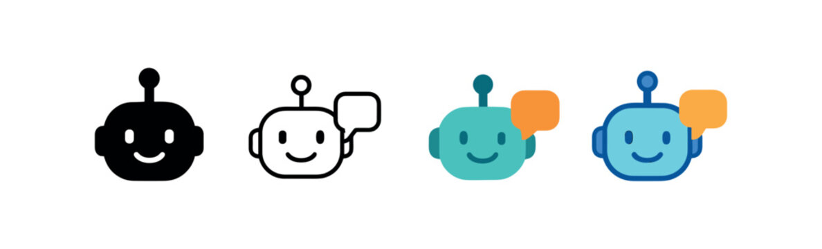 Vector icon AI chatbot same pose same proportions four styles black solid glyph outline minimal flat multicolor filled cartoon flat shaded.