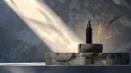 A sleek black dropper bottle stands elegantly on textured stone pedestals, illuminated by soft sunlight, symbolizing modern minimalism, luxury skincare, and the refined balance between simplicity, sop