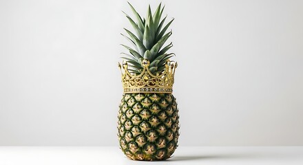 Modern pineapple wearing a golden crown against a bright white backdrop, perfect for summer promotions and tropical themed events with a touch of luxury
