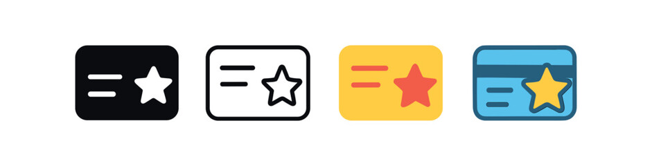 Vector icon loyalty card same pose same proportions four styles black solid glyph outline minimal flat multicolor filled cartoon flat shaded.
