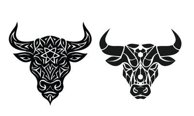 Artistic Bull Head Silhouettes Intricate Tribal Designs of Taurus Strength and Resilience Symbolizing Determination and Power in Graphic Art