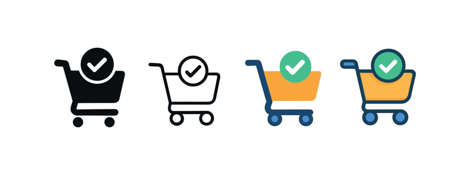 Vector icon online shopping cart checkout same pose same proportions four styles black solid glyph outline minimal flat multicolor filled cartoon flat shaded.