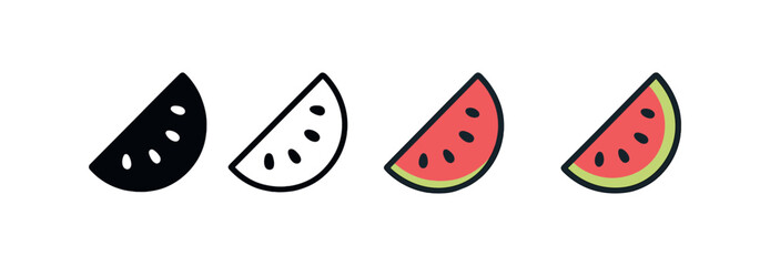 Vector icon watermelon slice same pose same proportions four styles black solid glyph outline minimal flat multicolor filled cartoon flat shaded.