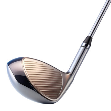 A detailed view of a golf club driver head, showcasing its polished metallic surface and the characteristic grooves on the clubface isolated on transparent background