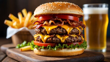 Delicious triple cheeseburger with bacon and fries paired with a cold beer on a wooden table