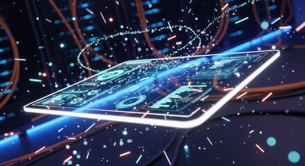 Futuristic digital tablet with interactive interface amid network cables and data flow visualization
