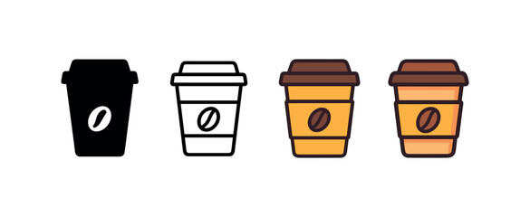 Vector icon coffee cup to same pose same proportions four styles black solid glyph outline minimal flat multicolor filled cartoon flat shaded.