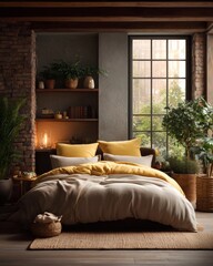 Fototapeta premium Bedroom interior with neatly made bed, mustard yellow blanket, beige bedding, indoor plants and brick wall near large window.