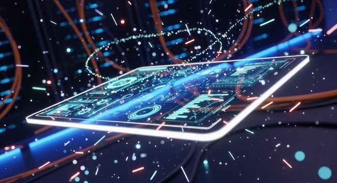Futuristic digital tablet with interactive interface amid network cables and data flow visualization