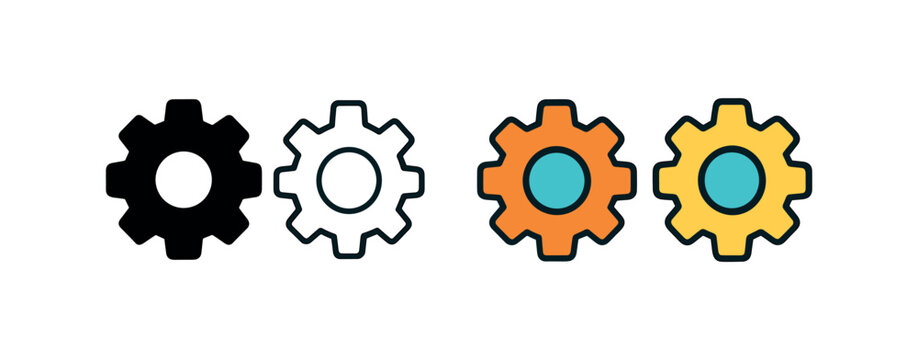 Vector icon settings gear same pose same proportions four styles black solid glyph outline minimal flat multicolor filled cartoon flat shaded.