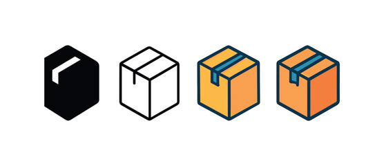 Vector icon package box sealed same pose same proportions four styles black solid glyph outline minimal flat multicolor filled cartoon flat shaded.