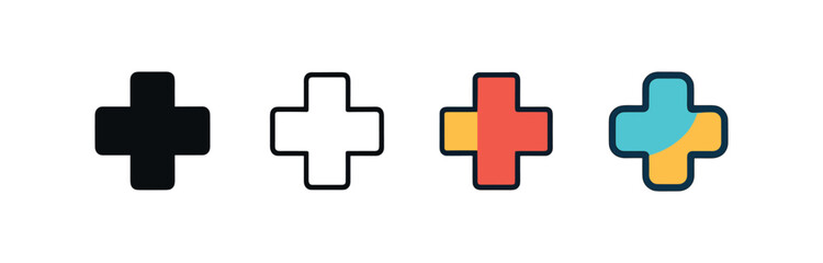Obraz premium Vector icon hospital cross sign same pose same proportions four styles black solid glyph outline minimal flat multicolor filled cartoon flat shaded.