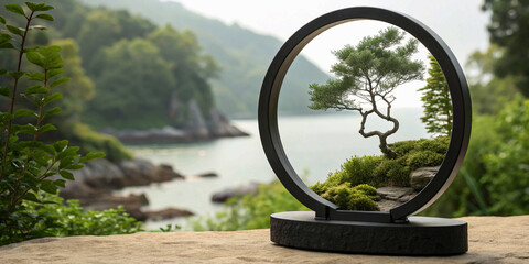 Circular frame showcasing a bonsai tree against a serene lake and forested mountains, symbolizing harmony and balance.