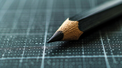 A sharp black pencil rests on a blueprint grid background, symbolizing creativity, precision, and design, representing the foundation of ideas, architecture, and artistic expression through simplicity