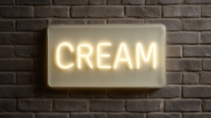 Illuminated neon sign spelling 'CREAM' on white rectangular background against brick wall. Glowing yellow text for cafe or ice cream shop decoration. Retro style signage.