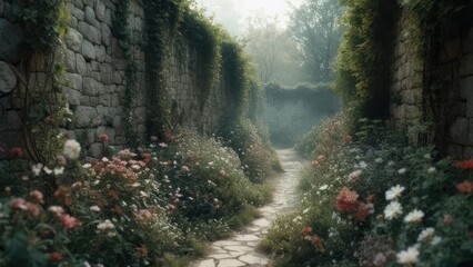 Stone pathway through a lush garden