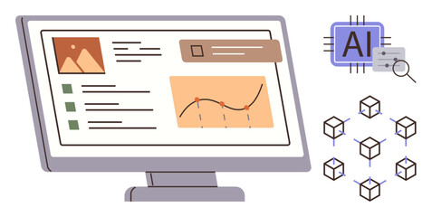 Computer screen displaying graphs, data, and analytics with AI chip and network box structures. Ideal for technology, innovation, AI systems, data science, analytics connectivity future trends. A