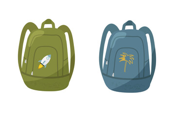 Set of childish school backpacks. Closed student backpack. Vector illustration