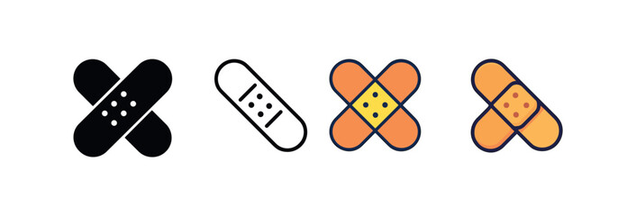 Vector icon bandage adhesive same pose same proportions four styles black solid glyph outline minimal flat multicolor filled cartoon flat shaded.