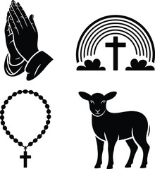 Christian religious icons with praying hands, cross and rainbow, rosary beads, lamb symbol of faith, spirituality, hope, worship, devotion, and peace