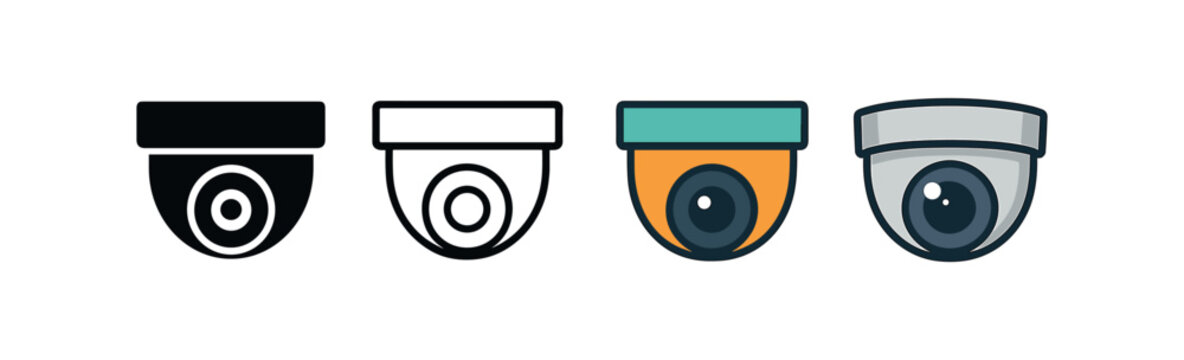 Vector icon security camera dome same pose same proportions four styles black solid glyph outline minimal flat multicolor filled cartoon flat shaded.