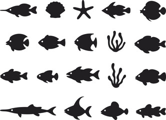 Collection of black fish silhouettes with sea animals, starfish, seashells, and seaweed, aquatic marine life icons vector design illustration set