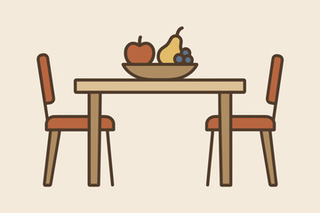 Vector Illustration of a Minimalist Dining Table with Chairs and Fruit Bowl