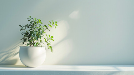 Minimalist indoor plant in a white pot placed against a soft green wall, with natural sunlight casting beautiful shadows, creating a calming, fresh, and modern home decor atmosphere full of serenity.