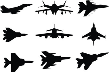 Collection of modern military fighter jet silhouettes, black airplane icons set, aircraft front side and top views, aviation design vector illustration