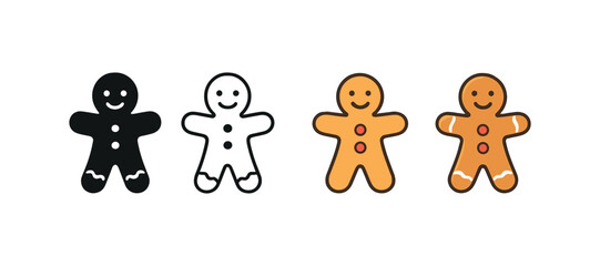 Vector icon gingerbread cookie man same pose same proportions four styles black solid glyph outline minimal flat multicolor filled cartoon flat shaded.