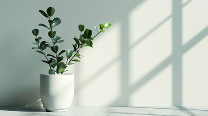 Minimalist indoor plant in a white pot placed against a soft green wall, with natural sunlight casting beautiful shadows, creating a calming, fresh, and modern home decor atmosphere full of serenity.