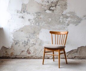 A simple wooden chair sits against a distressed, textured wall, casting a soft light on the aged surface.