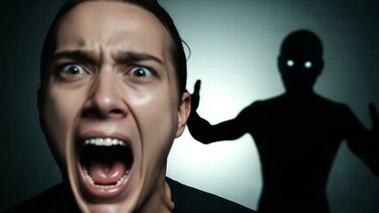 A man in horror. He screams, and a scary monster reaches out to him from behind. Perfect for horror content. Suitable for Halloween stories.