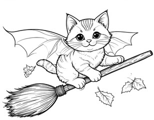 Black and white illustration of kitten flying on broomstick