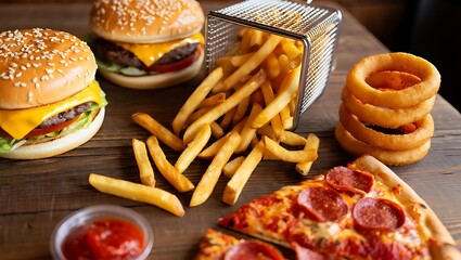 Delicious american fast food feast burgers fries onion rings pizza and ketchup platter overhead shot