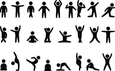  Collection of stick figure icons showing yoga poses, meditation, stretching, dancing, and fitness exercise movements, minimal people silhouette vector design illustration set