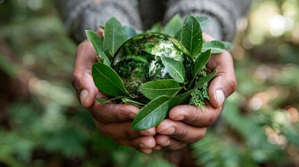 Hands holding earth globe with green leaves environment care sustainability nature conservation concept