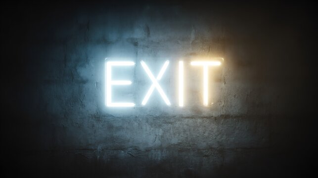 Glowing neon exit sign on dark textured wall. Emergency escape route indicator. Illuminated direction marker for building safety. Nightclub or theater signage concept. - Powered by Adobe